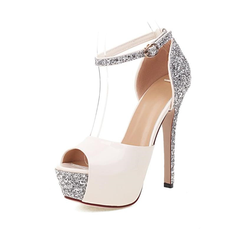 Lib Peep Toe Stiletto Heels Bling Sequin Glitters Ankle Buckle Straps