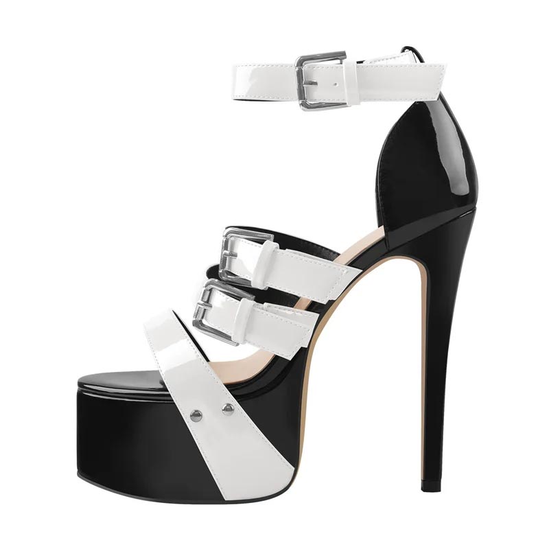 Maken Peep Toe Stiletto Heels Platforms Trible Belt Buckle Straps Punk