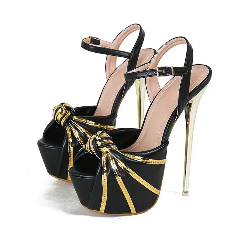 Lib Peep Toe Platforms Ankle Buckle Straps Golden Stiletto Heels Club