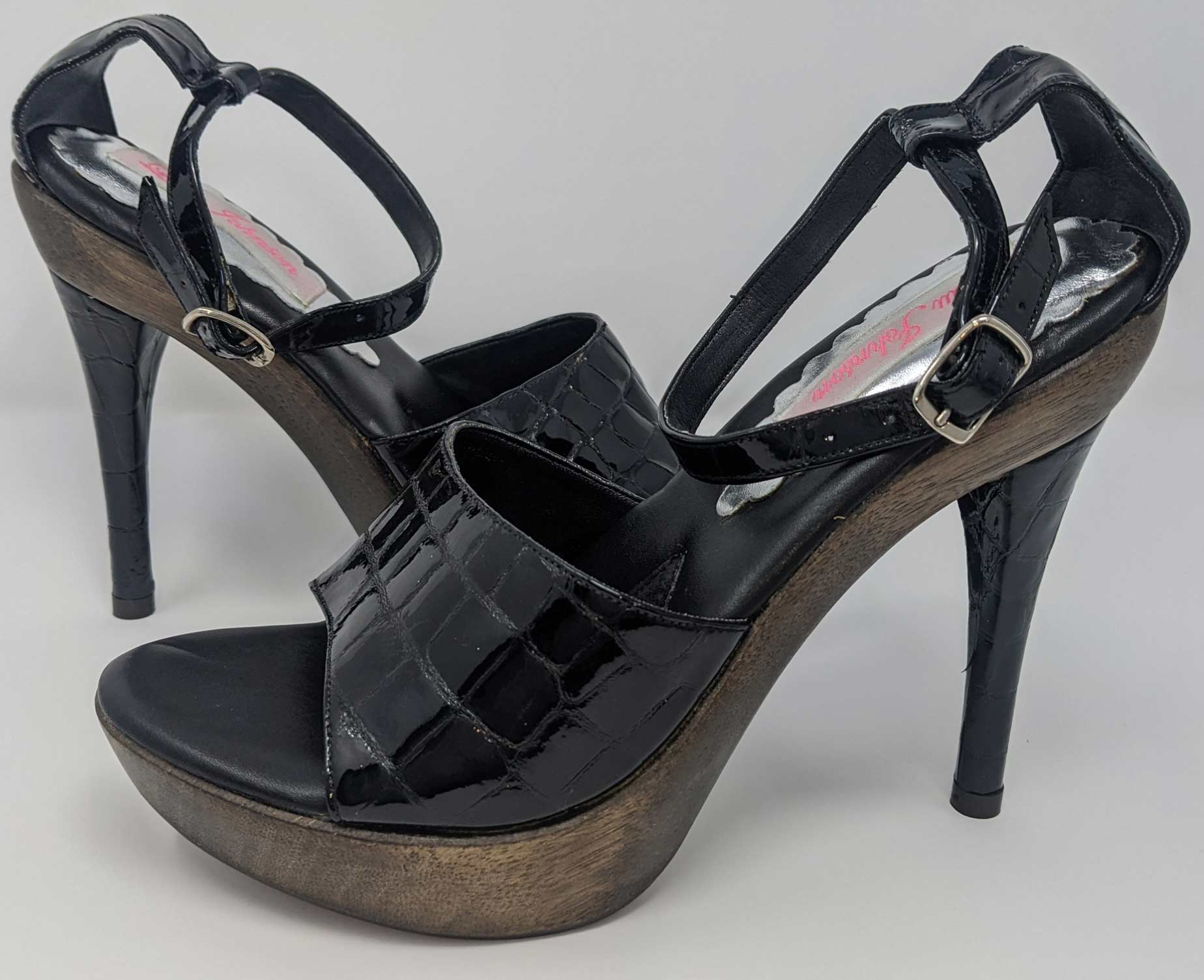 Lulu Johnson Marciano Wood Platform Heels - Black Crocco Leather in ...