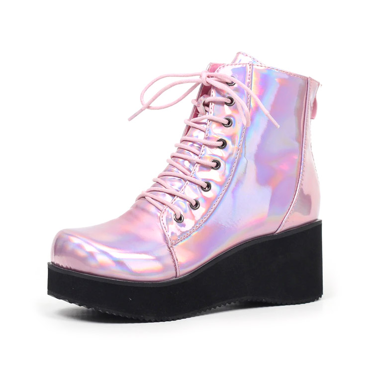 Gnide helt bestemt lade JiaLuoWei Wedge Heel Holographic Punk Style Platform Lace Up Ankle Boots -  Pink in Sexy Boots - $99.99