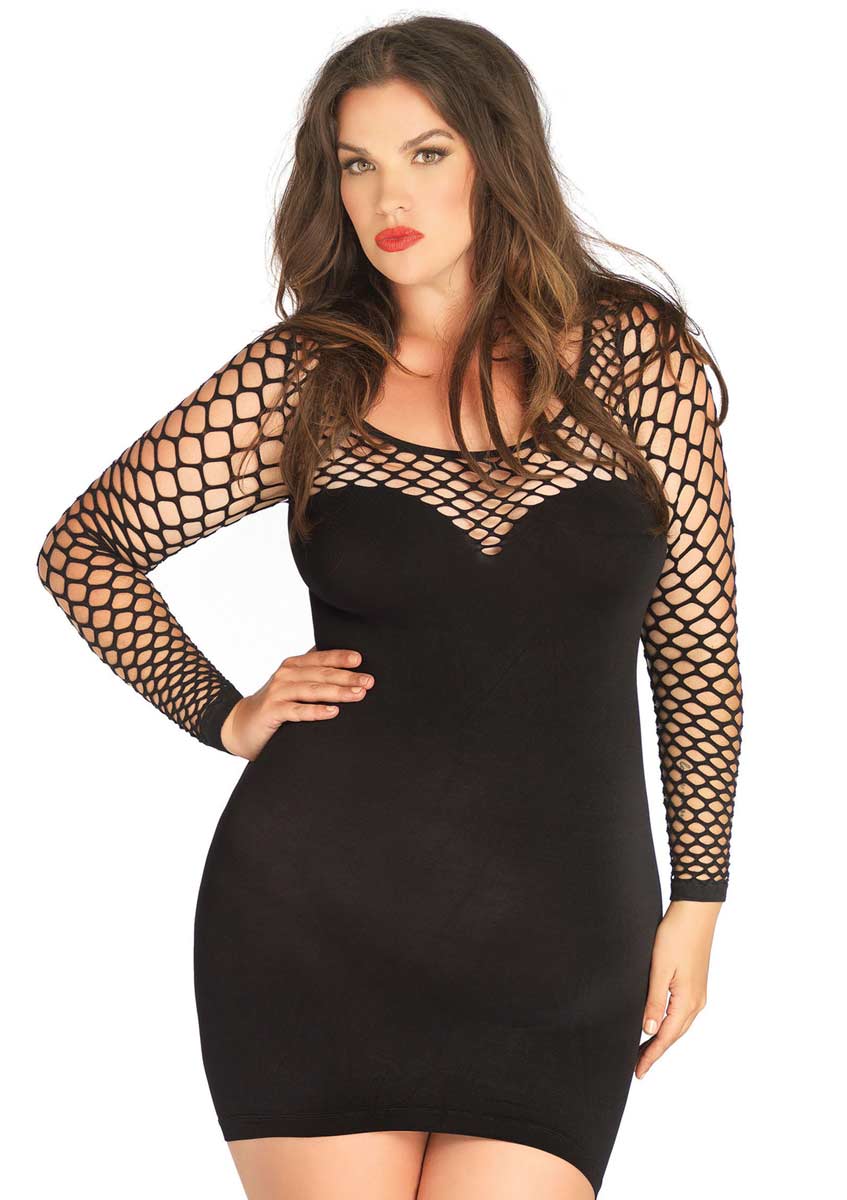 Leg Avenue Seamless Mini Dress With Diamond Net Bodice And Sleeves Plus ...