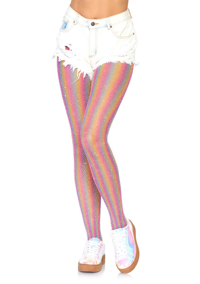 9308 Colored Lurex Shimmer Rainbow Striped Fishnet Tights by