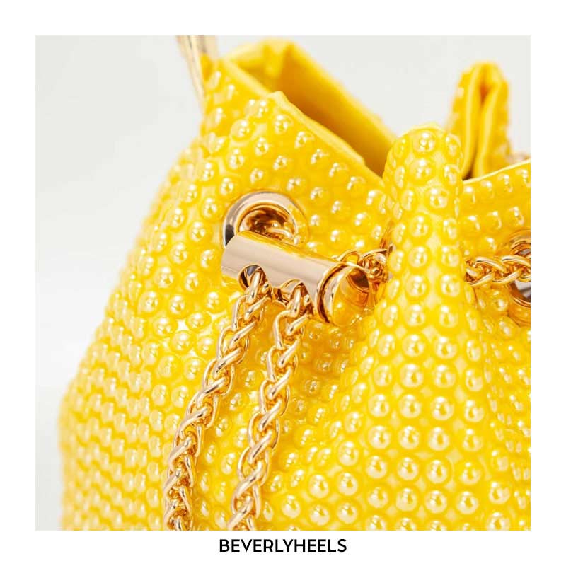 Chain Metal Ring Handle Ceramic Beads Bucket Purse Bags - Yellow