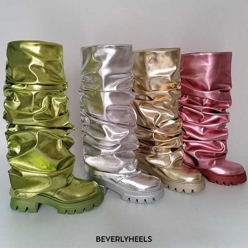 Maken Round Toe Chunky Heels Knee High Mid Calf Fold Over Metallic Boots -  Green in Sexy Boots - $127.98