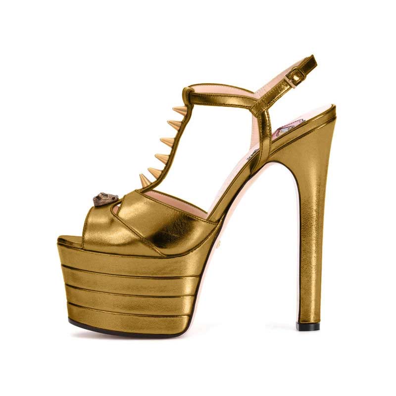 Lib Chunky Heels Platform Peep Toe Rivet Decorated Ankle Buckle T Straps Gold In Sexy Heels 9945