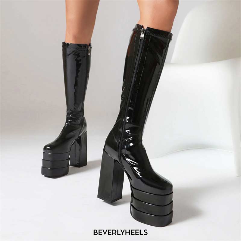 Lib Round Toe Chunky Heels Platforms Knee Highs Side Zipper Gothic Punk ...