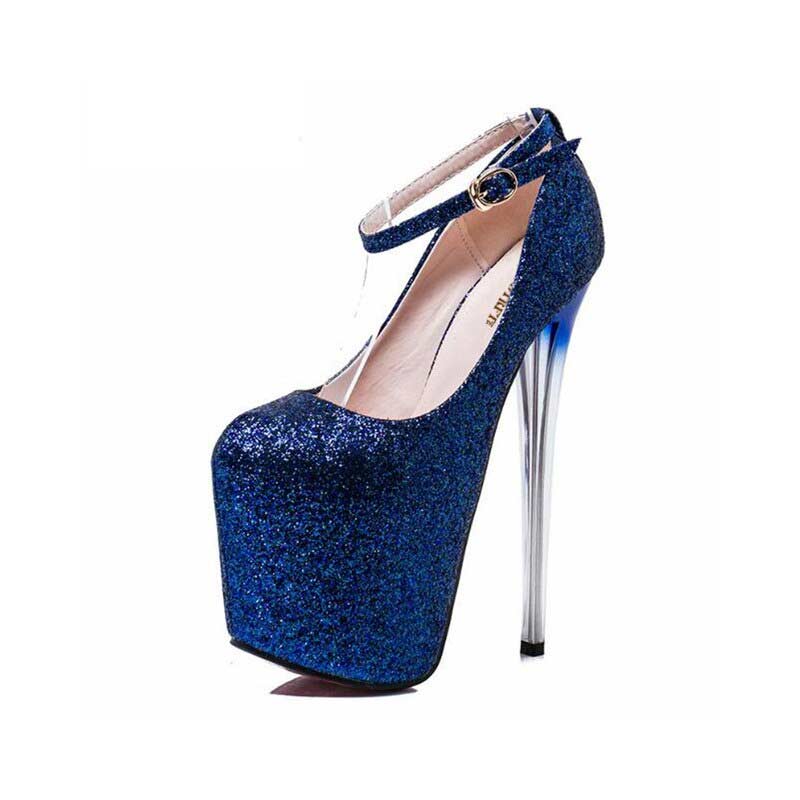 Lib Round Toe Platforms Sequined Stilettos Ankle Straps Pumps - Blue in ...