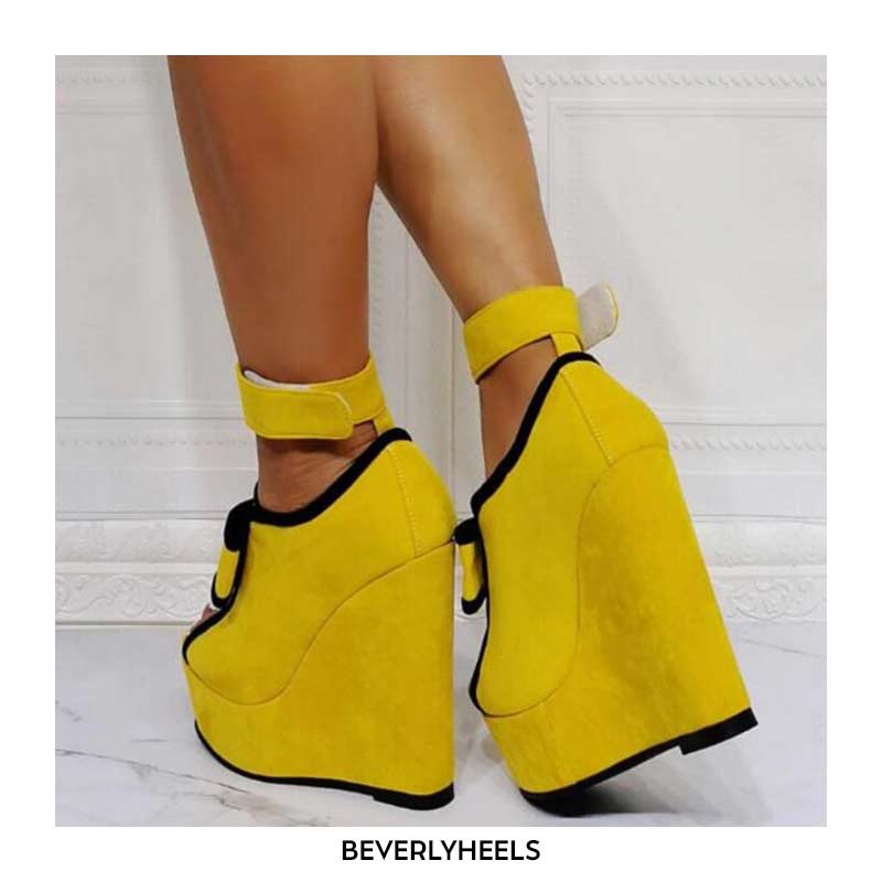 Lib Peep Toe Ankle Buckle Straps Ribbon Platforms Wedges Yellow In