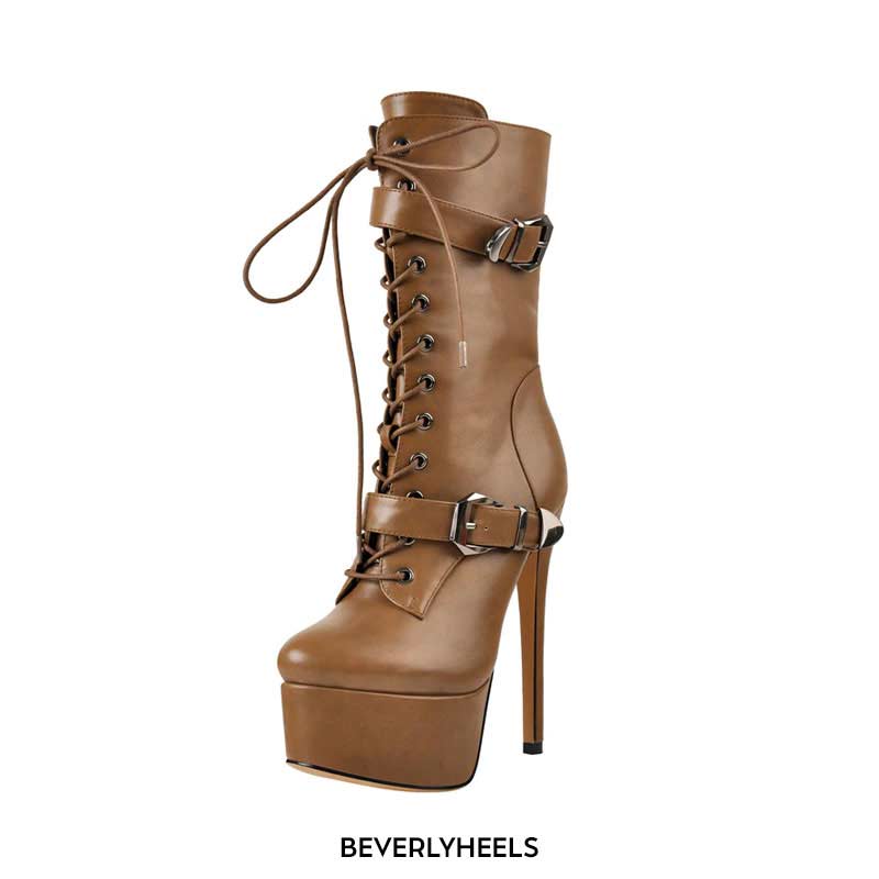 Maken Round Toe Platform Side Zipper Metal Buckle Straps Ankle Stiletto Boots Brown In Sexy 