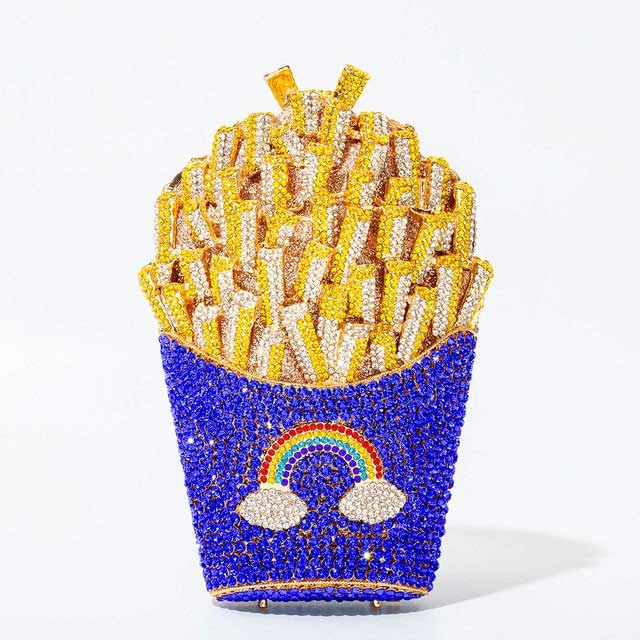 French Fries Chips Shaped Rainbow Rhinestones Mini Clutch Party Purses - Light Blue