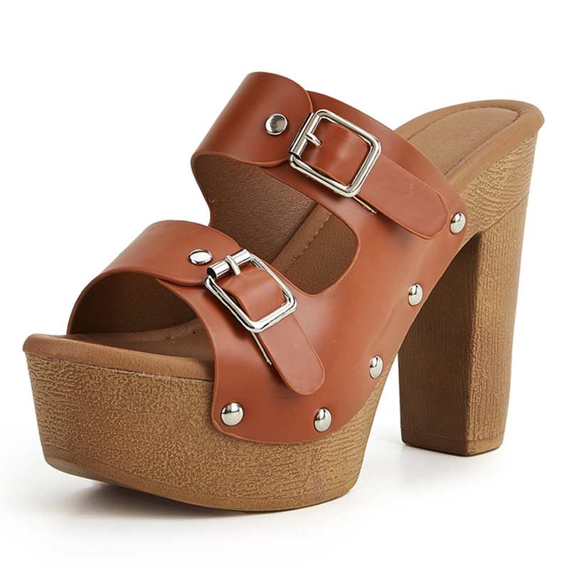 Lib Peep Toe Buckle Straps Rivet Decorated Vegan Leather Platforms Chunky Heels Sandals Brown 