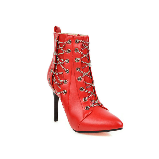 Lib Pointed Toe Stiletto Heels Chain Lace Up Side Zipper Punk Boots ...