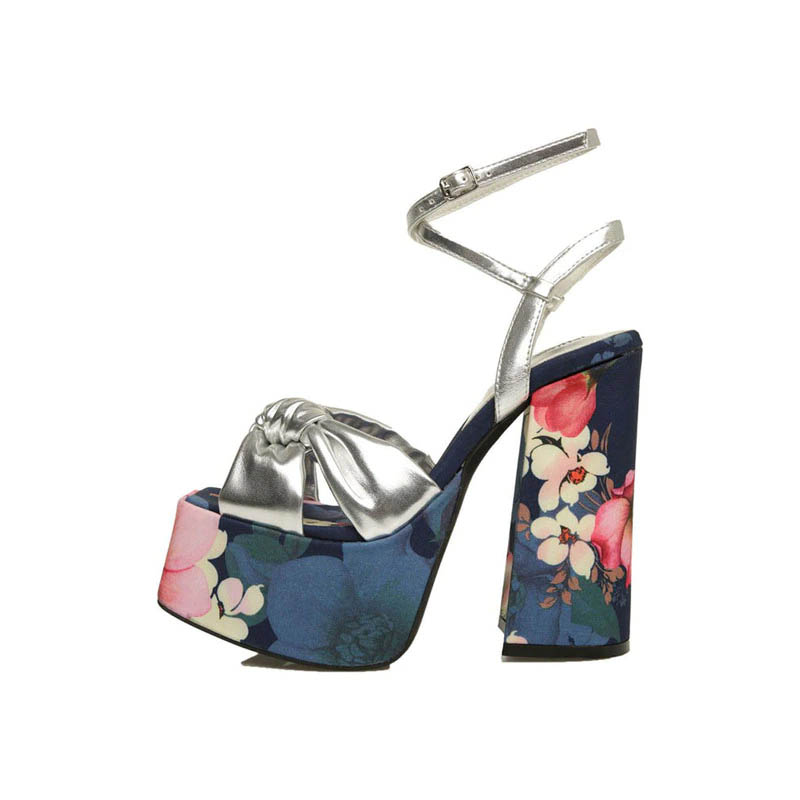 Lib Chunky Heels Peep Toe Platforms Flower Print Ankle Buckle Straps