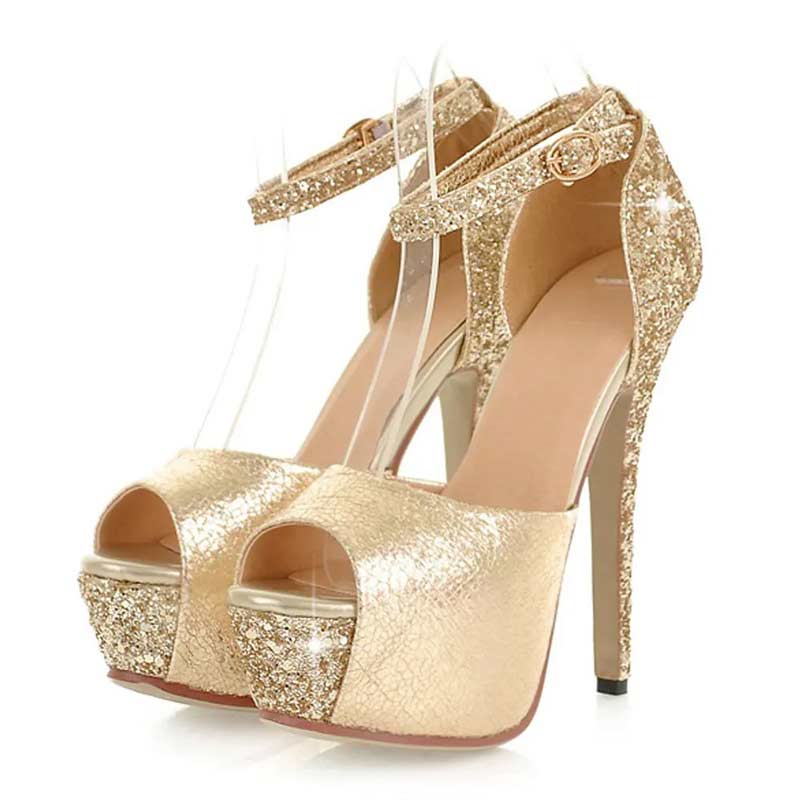 Lib Peep Toe Glitters Stiletto Heels Platforms Ankle Buckle Straps Pumps Gold In Sexy Heels 