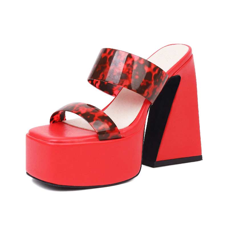 Emma Jones Peep Toe Chunky Heels Slippers Platforms Sandals - Red in ...