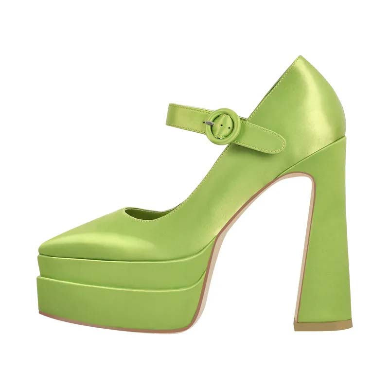 Maken Pointed Toe Platforms Chunky Heels Mary Janes Pumps Green Satin