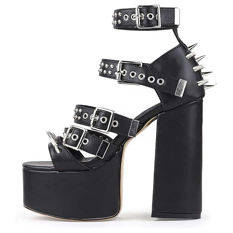 Lib Peep Toe Rivet Decorated Punk Gothic Style Platforms Chunky Heels Ankle Buckle T Straps 1187