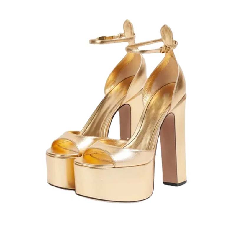 Lib Peep Toe Ankle Buckle Straps Dorsay Chunky Block Heels Platforms Sandals Gold Patent In 5250