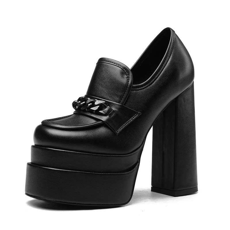 Lib Chunky Heels Round Toe Platforms Loafers Pumps Black In Sexy