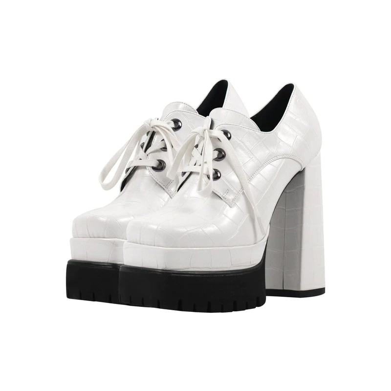 Emma Jones Round Toe Chunky Heels Platforms Lace Up Crocodile Pattern Pumps White In Sexy 8680