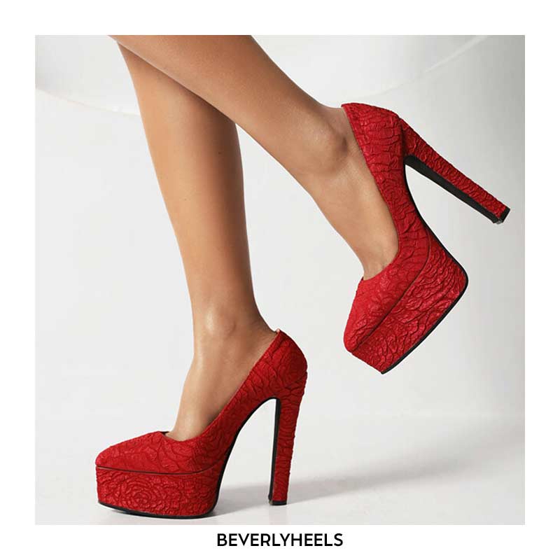 Emma Jones Pointed Toe Block Heels Fabric Embroidery Flowers Platforms Pumps Red In Sexy Heels 4346