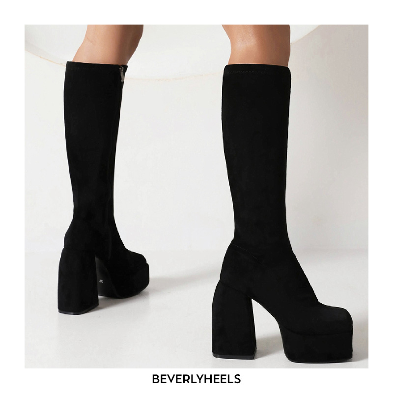 Lib Round Toe Knee Highs Chunky Heels Side Zipper Platforms Super Sexy ...