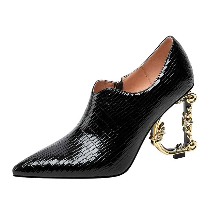 Emma Jones Pointed Toe Strange Golden Heels Side Zipper Crocodile Print Pumps Black In Sexy 1782