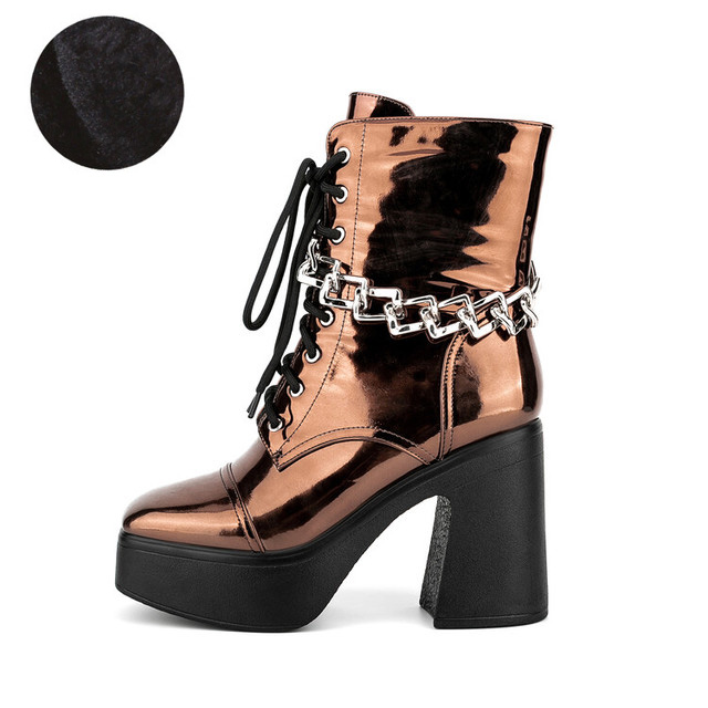 Lib Round Toe Chunky Heels Side Zipper Platforms Ankle Highs Chain Decorated Punk Winter Boots Orange in Sexy Boots 113.95