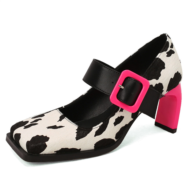 Lib Square Toe Chunky Heels Cow Pattern Buckle Straps Mary Janes New Wave  Pumps - Black in Sexy Heels & Platforms - $101.19