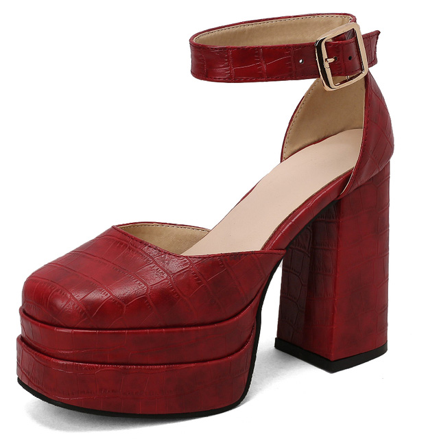 Lib Square Toe Platforms Ankle Straps Croco Embbossed Chunky Heels Dorsay  Pumps - Red in Sexy Heels & Platforms - $80.51