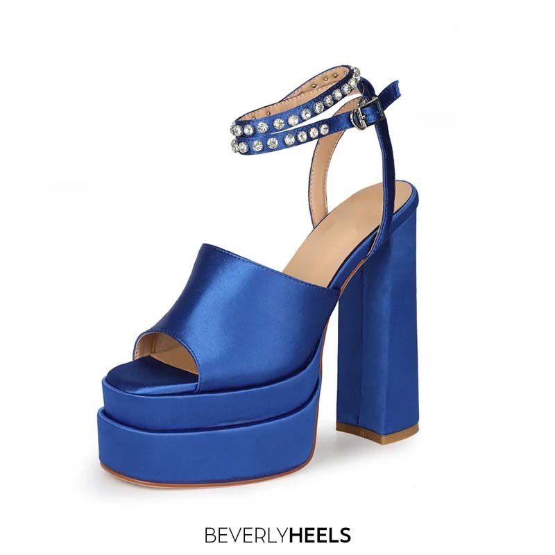 Lib Peep Toe Chunky Heels Ankle Buckle Rhinestones Straps Platforms Sandals Blue Satin In Sexy 4599