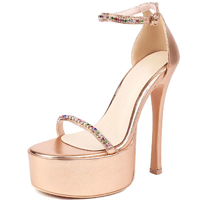 Lib Stiletto Heels Peep Toe Ankle Buckle Rhinestones Straps Platforms Pumps Gold In Sexy Heels 4650