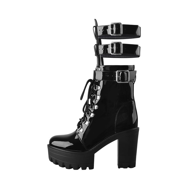 Maken Round Toe Chunky Heels Lace Up Platforms Ankle Highs Buckle Straps Boots Black In Sexy 