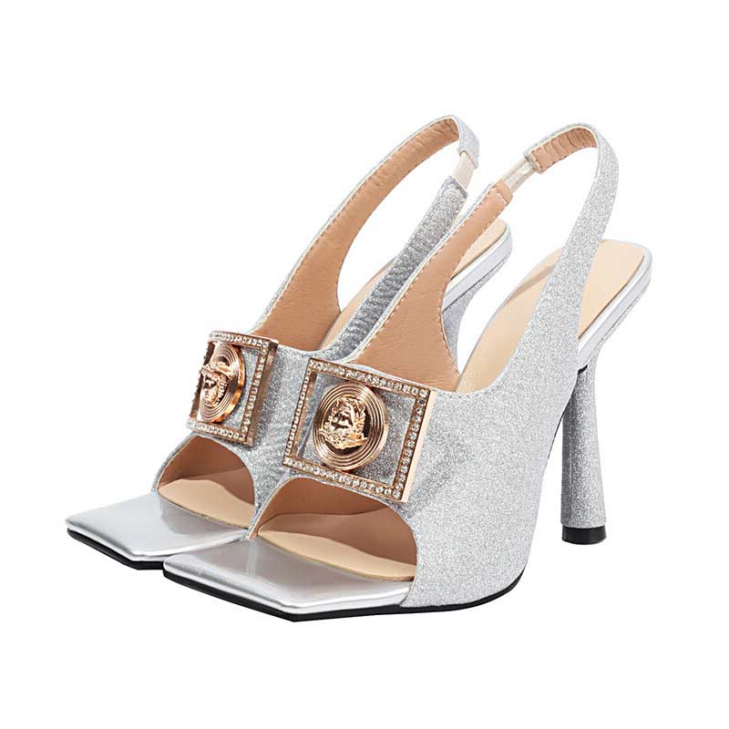 Lib Square Open Toe Glitters Sequin Shiny Slingback Thin Dot Heels Sandals Silver In Sexy 2258