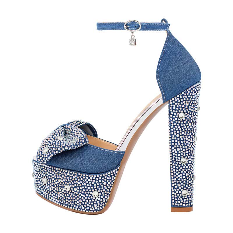 Maken Peep Toe Square Heels Ankle Straps Denim Rhinestones Platforms Pumps Blue In Sexy Heels 6161