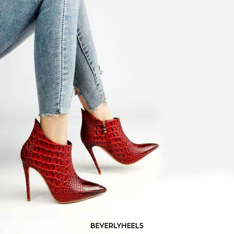 Emma Jones Pointed Toe Stiletto Heels Crocodile Texture Vintage Style Ankle Highs Side Zipper 0965