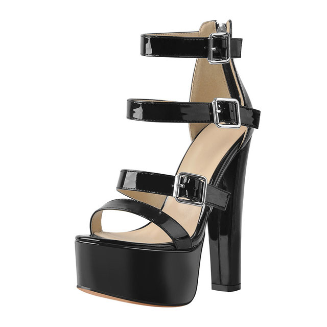 Maken Peep Toe Block Heels Ankle Buckle Straps Back Zipper Platforms Sandals Black In Sexy 