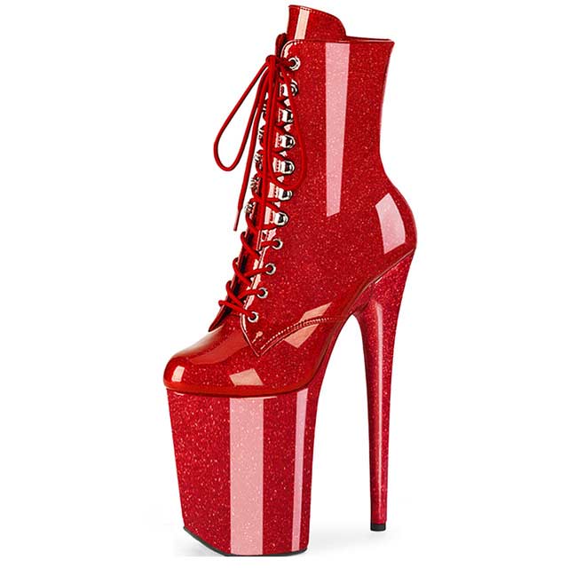 Sexy Shoes Round Toe Stiletto Heels Pearlescent Crystal Glitter Lace Up  Platforms Ankle Highs Boots - Red in Sexy Boots - $129.52