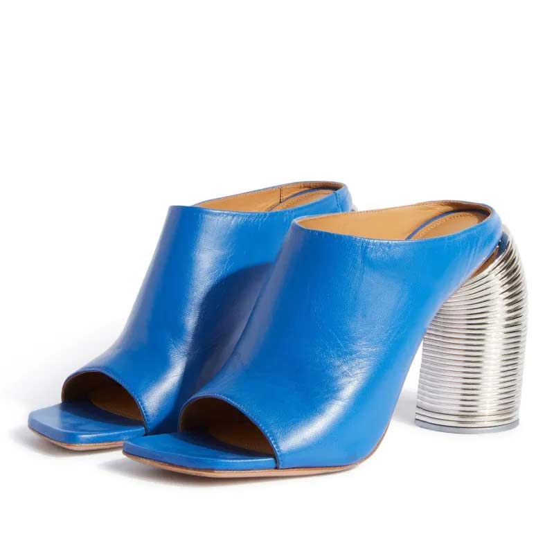 Lib Strange Heels Peep Toe Vegan Leather Mules Slippers Sandals - Blue ...