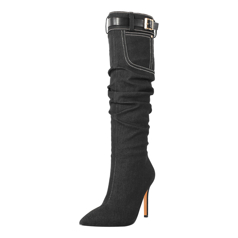 Maken Pointed Toe Knee High Mid Calf Denim Stiletto Heels Buckle Straps Boots Black In Sexy