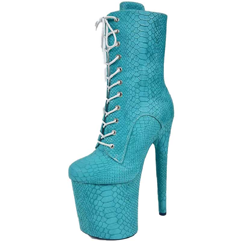 Sexy Shoes Round Toe Stiletto Heels Crocodile Pattern Lace Up Platforms Ankle Highs Boots 0935