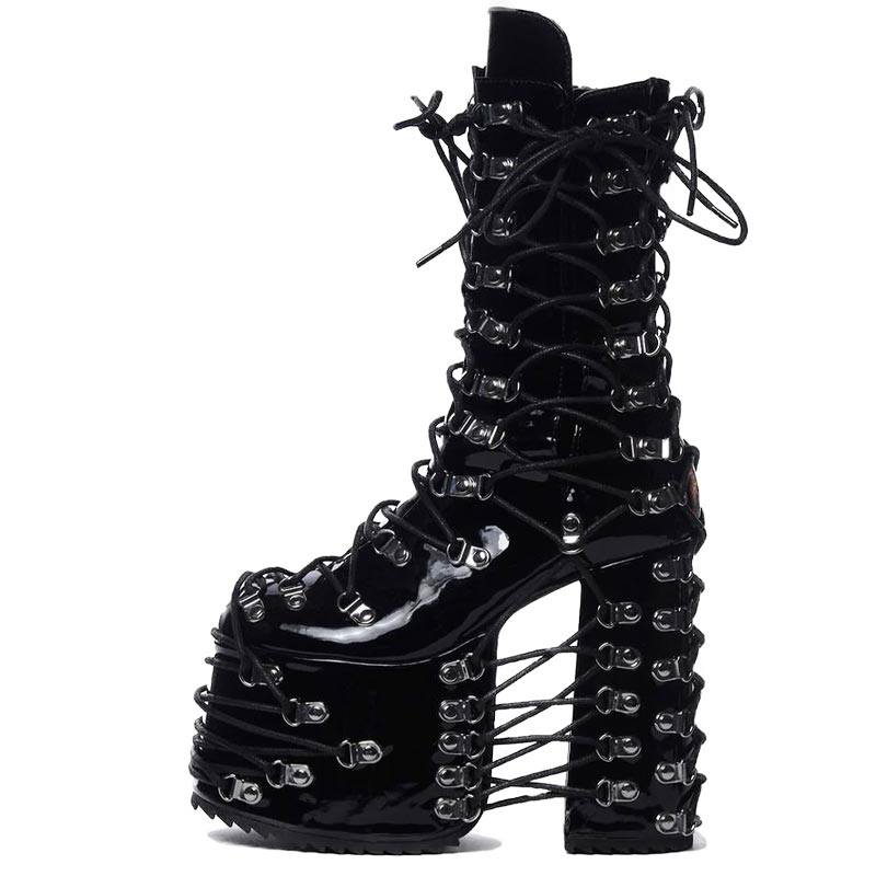 Lib Round Toe Platforms Lace Up Chunky Heels Platforms Punk Gothic Side ...