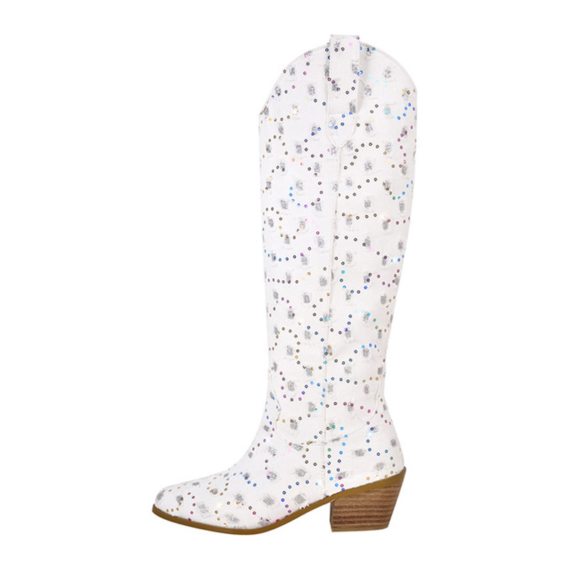 Maken Pointed Toe Chunky Heels Pull On Canvas Western Boots White In Sexy Boots 107 18