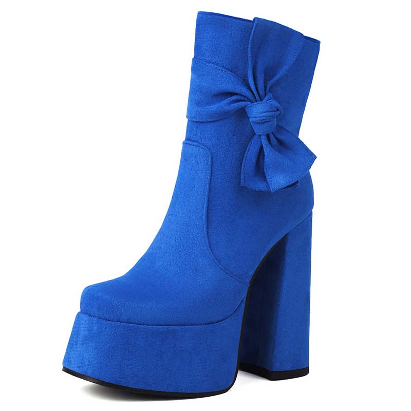 Lib Round Toe Chunky Heels Ankle High Platforms Tie Decorated Zipper Booties Blue In Sexy 1549