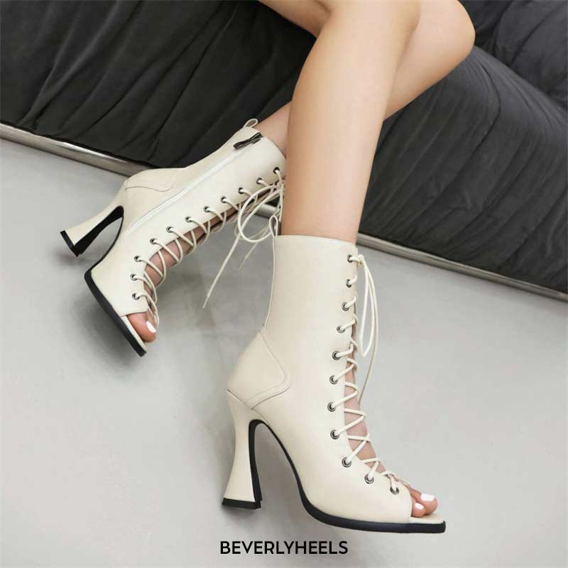 Lib Peep Toe Lace Up Ankle Highs Jazz Dance Party Chunky Heels Boots Sandals Beige In Sexy 7753