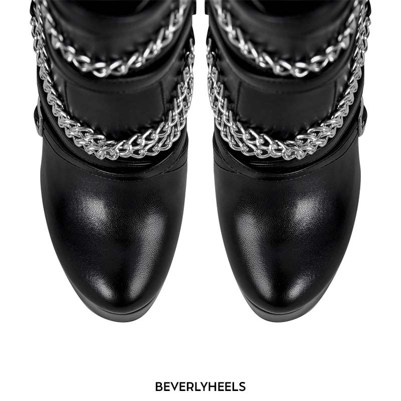 Maken Round Toe Stiletto Heels Chain With Buckle Straps Punk Side Zipper Ankle Highs Platforms 