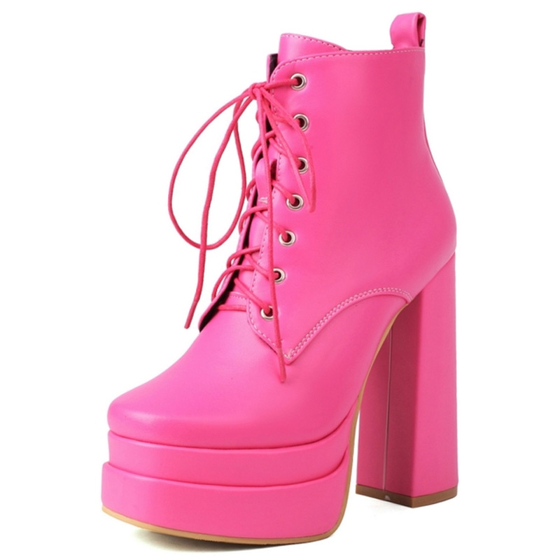 Lib Round Toe Lace Up Side Zipper Ankle Highs Chunky Heels Punk Gothic Platforms Boots Pink In 3268