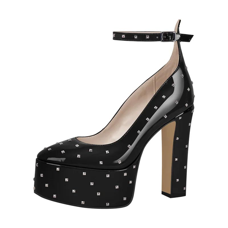 Maken Round Toe Chunky Heels Platforms Ankle Straps Rivets Pumps Black In Sexy Heels 