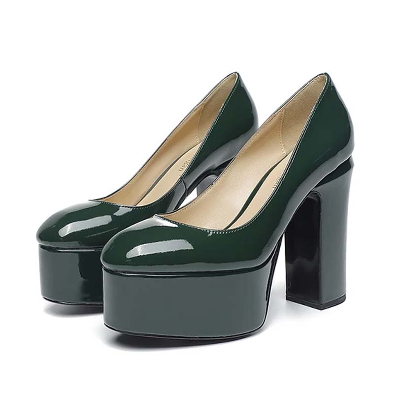 Emma Jones Round Toe High Platforms Chunky Heels Pumps Dark Green Patent In Sexy Heels 0738